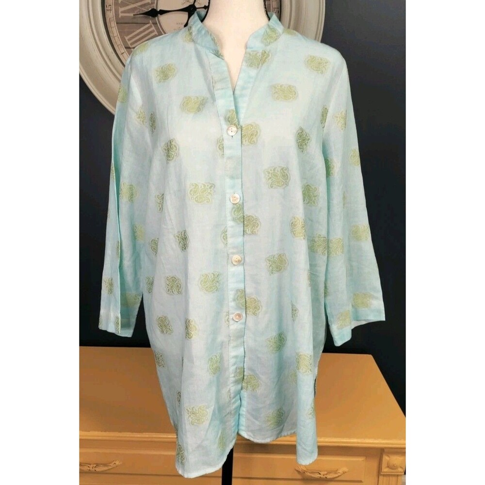 J Jill PureJill Tunic Blouse Size M Blue Gold Print 3/4 Sleeve Cotton Blend EUC